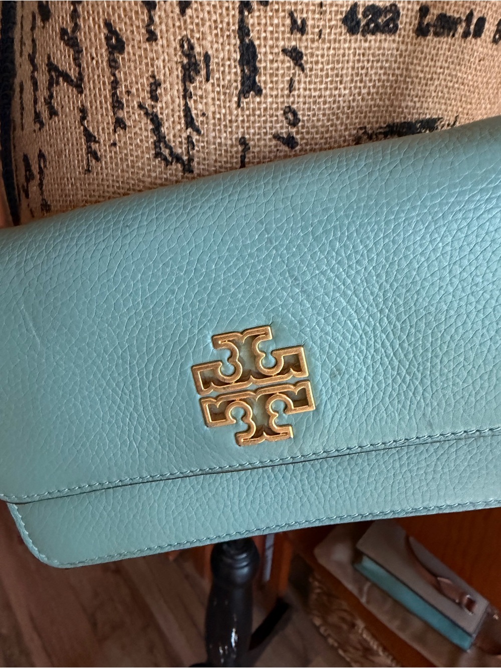 Tory Burch Turquoise Pebbled Leather Logo Clutch